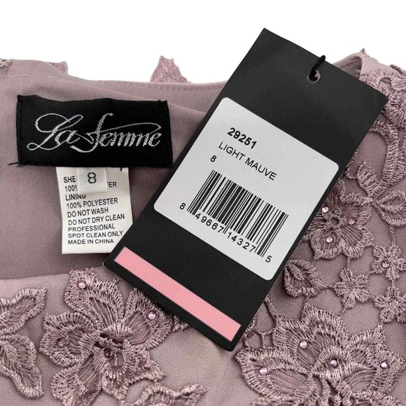 LA FEMME 29251 Floral Appliqué Jersey Column Gown Size 8 NWT Light Mauve 00001 - Picture 3 of 6